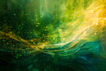 Immerse yourself in the enchanting allure of Luminous Reveries, where abstract light patterns elegantly dance across a lively green backdrop, 