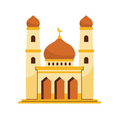Colorful illustration of a mosque with domes and minarets in a modern style.
