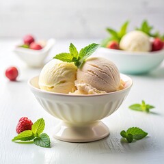 Ice cream in dish and put on the table  white background