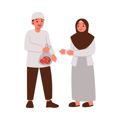 Illustration of a man and a woman exchanging meat in a traditional gesture of Eid celebration.