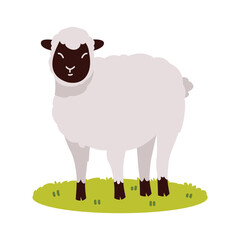 A depiction of a cute cartoon sheep standing on a grassy patch, with a simple and cheerful design.