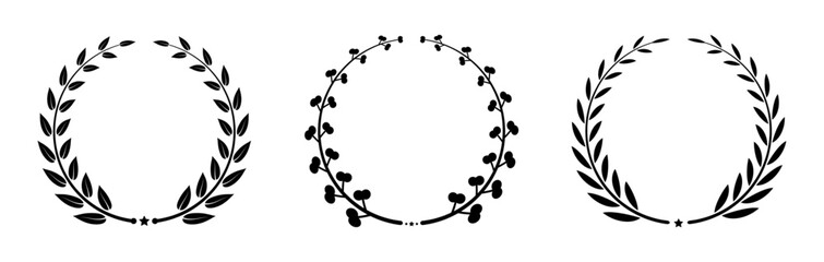 Laurel wreath leaf circle template design for logo elements collection. Black leaf award glyph pictogram. Winner Chaplet. Laurel wreath silhouette icon set. Vintage olive leaves emblem vector.