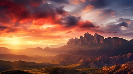 Naklejka premium sunrise over a mountain range, with the peaks bathed in golden light and the sky filled 