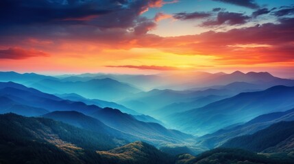 Fototapeta premium sunrise over a mountain range, with the peaks bathed in golden light and the sky filled 