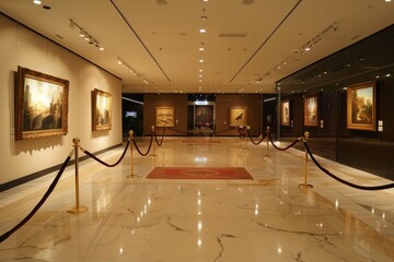 A luxurious art gallery with velvet ropes and spotlights highlighting important pieces