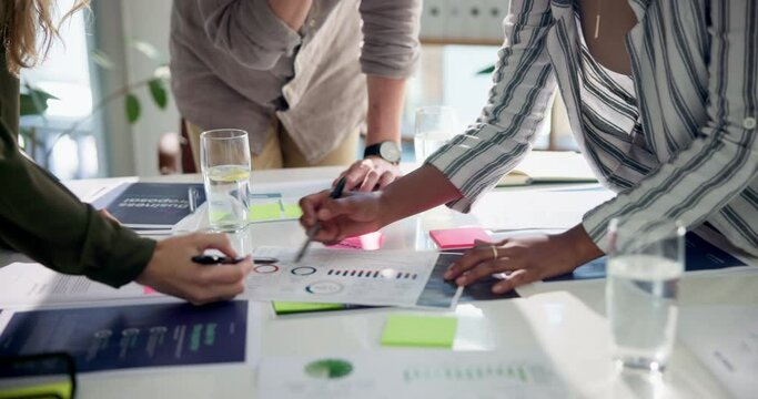 Documents, sticky note and hands of business people planning for presentation, meeting and marketing pitch. Office, table and pointing on post it for proposal, advertising app and info for speech