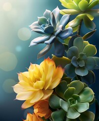A vibrant cluster of colorful succulents in various shades of blue, green, and yellow, set against a softly lit background.