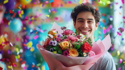 Smiling man holding a bouquet of colorful flowers with confetti