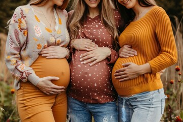 Three pregnant women in various stages of pregnancy stand next to each other
