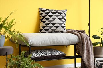 Grey bench, plaid, pillow and houseplants near yellow wall in stylish room, closeup