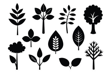 Set of flat illustrations of black plants, trees, leaves vector on white background