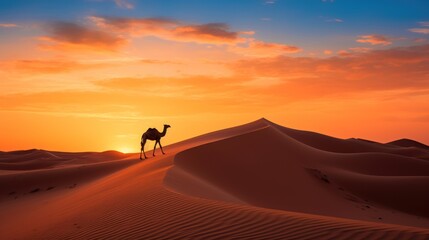 Fototapeta premium a lone camel silhouetted against a vibrant orange sunset in a desert 