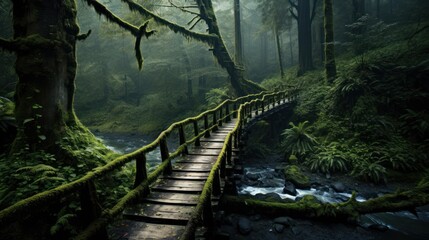 Obraz premium winding wooden bridge, traversing a moss-covered ravine 