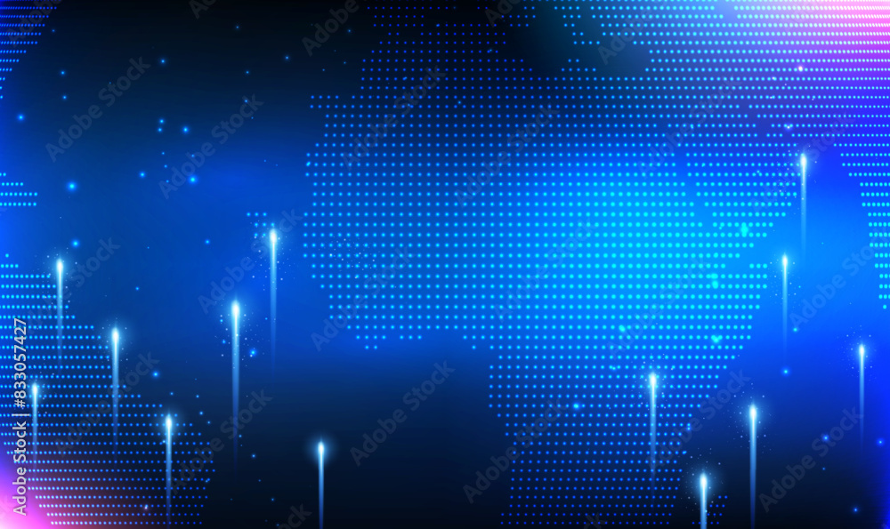 Poster global futuristic world map technology for internet business. pixel world map with spot lights. 3d g