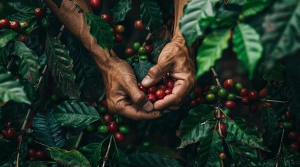 A close-up shot of hands carefully selecting ripe, red coffee cherries from a lush bush. 