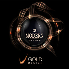 Isolated design element with round golden frame with ribbons on black background.