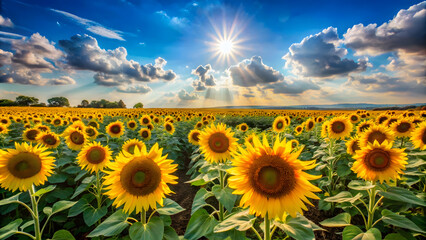 Fototapeta premium Golden Majesty: Sunflower Field Basking in the Summer Sunlight. Perfect for: Summer Solstice, National Sunflower Day, International Day of Happiness.