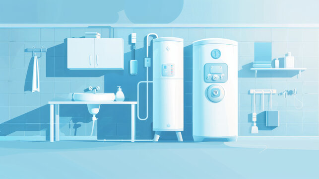 Illustration of modern water heaters and plumbing in a clean, organized utility room setting.