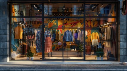 Develop a realistic mockup for a retail store window display showcasing the latest fashion trends with creative styling and attention-grabbing visuals.