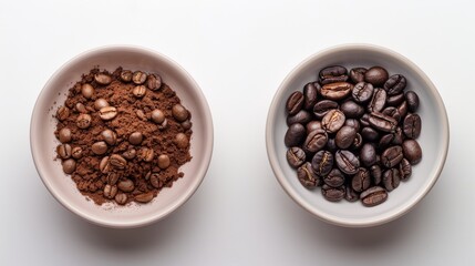 Two Bowls of Coffee: One with Ground Coffee and Beans, the Other with Whole Roasted Beans