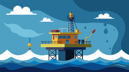 As the storm rages on the rig platform seems to sway dangerously causing the crew to hold on tightly to any stable surface.. Vector illustration