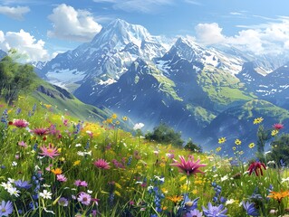 Fototapeta premium Breathtaking Alpine Meadow with Towering Snow Capped Mountain Peaks and Vibrant Wildflowers Under Vast Blue Sky