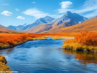 Obraz premium Breathtaking Autumn Mountain Landscape with Winding River and Vibrant Foliage