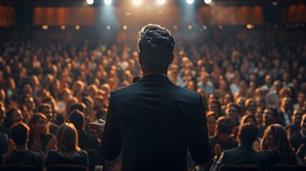 Proud CEO Delivering Inspiring Victory Speech to Enthusiastic Conference Audience