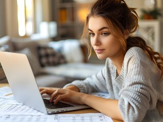 Woman Carefully Planning Finances and Budgeting with Organized Spreadsheets on Laptop in Minimalist Home Office Setup