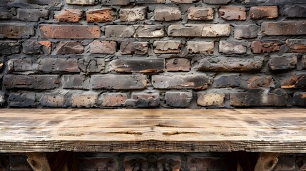 Rustic Wooden Table Against Textured Brick Wall