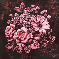 Beautiful vintage floral illustration featuring roses and daisies with intricate details on a dark background.