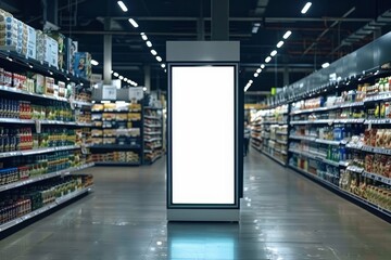 Blank advertising poster banner mockup inside supermarket store, Interior of supermarket, Sale label