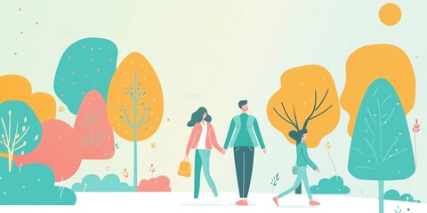 A couple is walking in the park. The woman is wearing a red jacket. The man is wearing a blue sweater. The trees are colorful. The sun is shining.