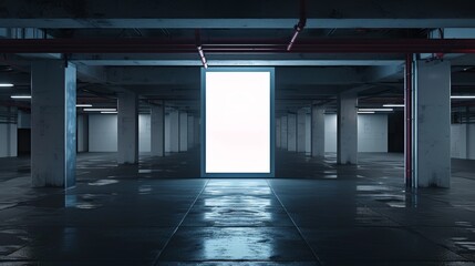 Obraz premium Vertical white billboard with blank template mockup in the car parking, Blank advertising banner mockup inside car park