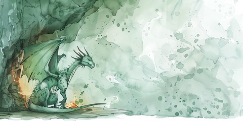 A green dragon sits on a rock in a forest. The dragon is watching the rain.