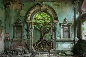 A tree growing through the ruins of an abandoned building, reclaiming its space.