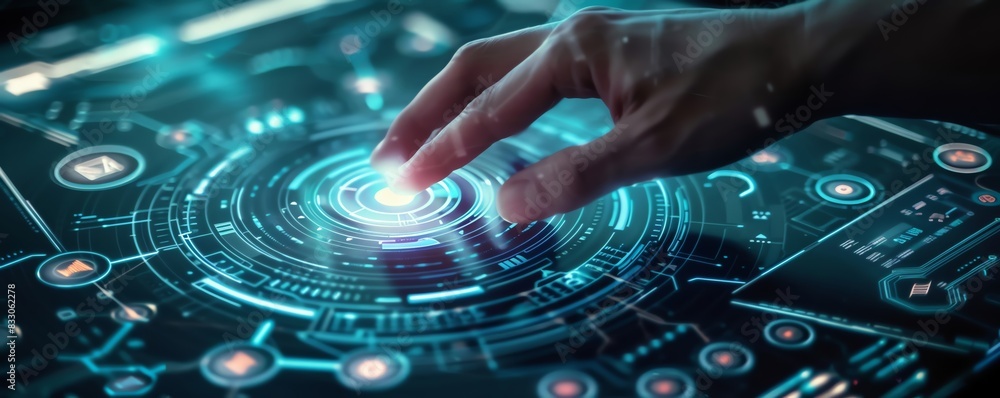 Poster touching virtual screen theme top view emphasizing circular diagram technology scifi