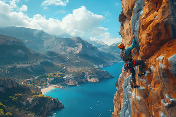 Rock climber scaling a steep cliff with a scenic mountain landscape in the background