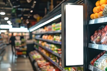 Blank advertising poster banner mockup inside supermarket store, Interior of supermarket, Sale label