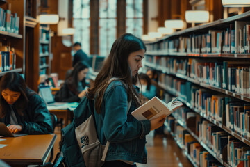 Student standing and browsing through bookshelves carefully selecting a book while other students study at nearby tables
