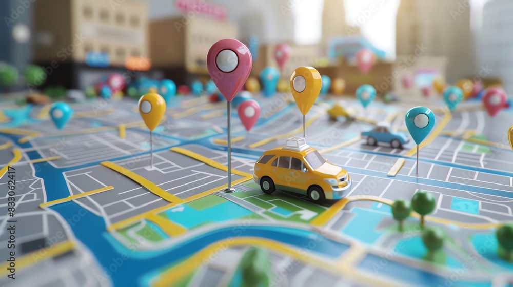 Poster location map with pins theme front view representing future transport and gps advanced