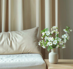 serene living room with a white sofa beige curtains
