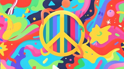 Fototapeta premium 9. A playful, whimsical illustration of a rainbow-colored peace sign surrounded by abstract shapes and lines, representing harmony and love for a Pride Month campaign