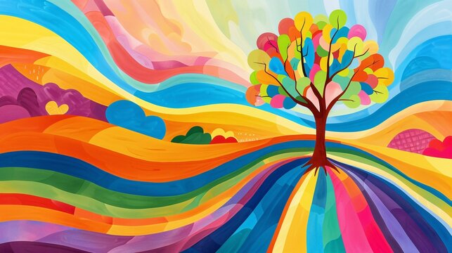 8. An imaginative, colorful illustration of a rainbow-colored tree growing in a landscape of abstract shapes and lines, symbolizing growth and inclusivity for LGBTQ+ Pride Month