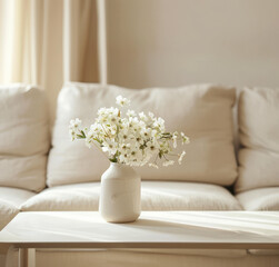 serene living room with a white sofa beige curtains