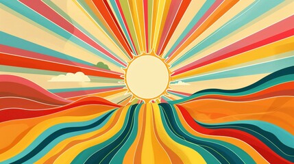 Fototapeta premium 11. An energetic, colorful illustration of a sun with rainbow rays shining over a field of abstract shapes and lines, symbolizing hope and pride for LGBTQ+ marketing