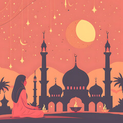 Ramadan Kareem Set of posters, cards, holiday covers. Arabic, islamic, Modern beautiful design in pastel colors with mosque, moon crescent, stars in the sky, arches window