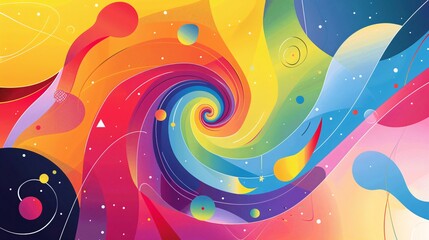 A vibrant, playful illustration of a rainbow spiral set against a background of abstract shapes and lines, symbolizing unity and diversity for LGBTQ+ Pride Month