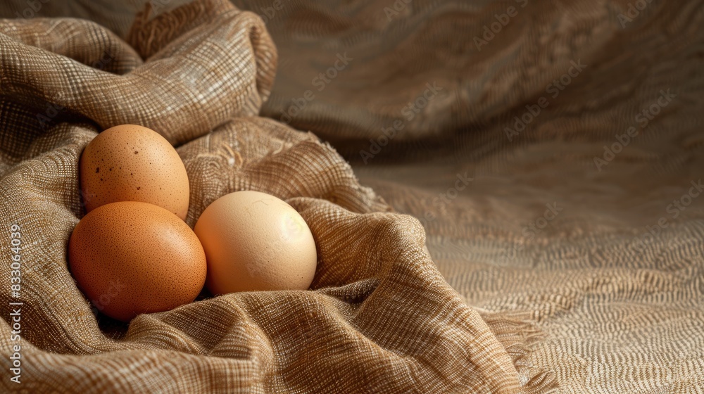 Poster eggs from chickens displayed on a brown fabric with space for text