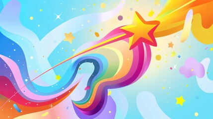 20. A vibrant, whimsical illustration of a rainbow-colored shooting star flying through abstract shapes and lines, representing hope and dreams for a Pride Month campaign